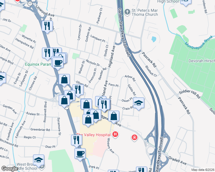 map of restaurants, bars, coffee shops, grocery stores, and more near 56 Fern Place in Paramus