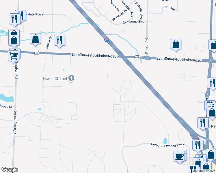 map of restaurants, bars, coffee shops, grocery stores, and more near 3395 Molly Drive in Akron