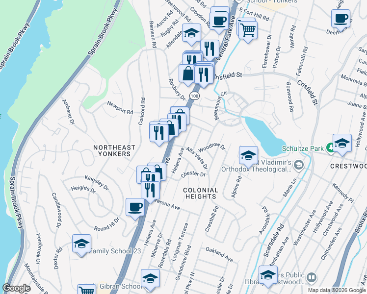 map of restaurants, bars, coffee shops, grocery stores, and more near 324 Alta Vista Drive in Yonkers