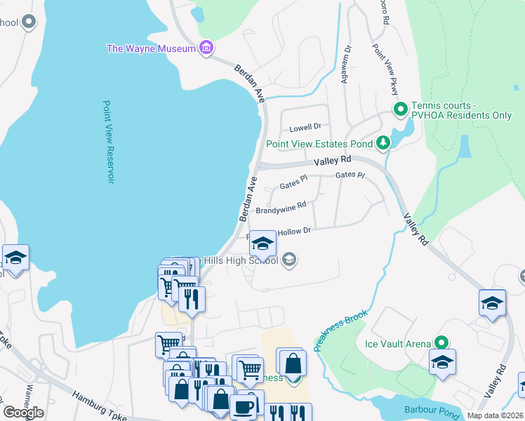 map of restaurants, bars, coffee shops, grocery stores, and more near 21 Brandywine Road in Wayne