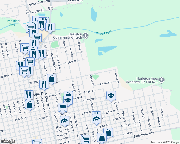 map of restaurants, bars, coffee shops, grocery stores, and more near 926 Hayes Street in Hazleton