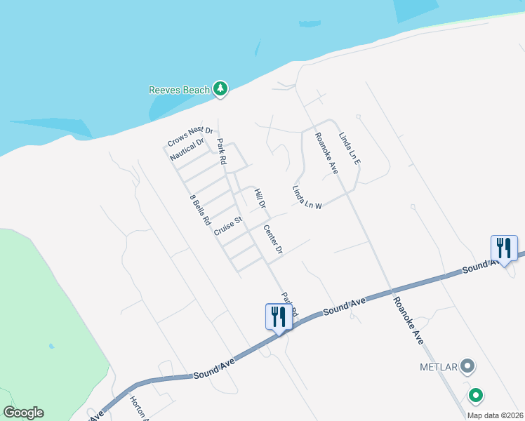 map of restaurants, bars, coffee shops, grocery stores, and more near 65 Cedar Drive in Riverhead