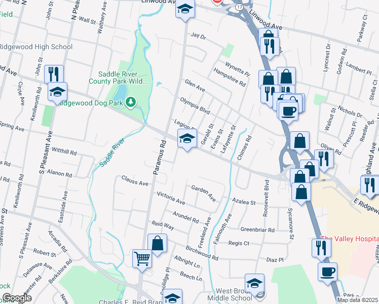 map of restaurants, bars, coffee shops, grocery stores, and more near 110 West Ridgewood Avenue in Paramus