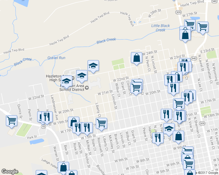 map of restaurants, bars, coffee shops, grocery stores, and more near 22ND Lincoln Street in Hazleton