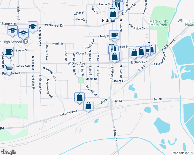 map of restaurants, bars, coffee shops, grocery stores, and more near 91 South 1st Street in Rittman