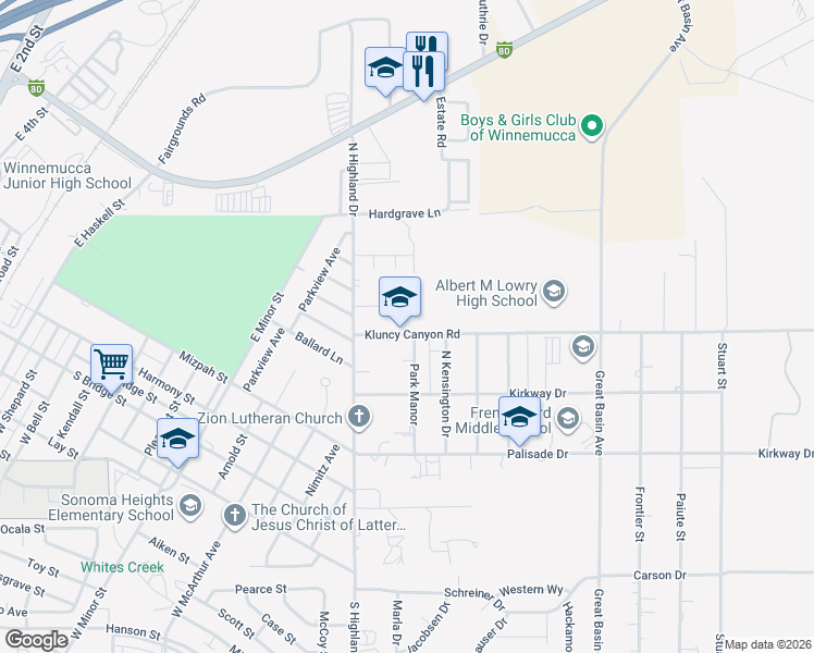map of restaurants, bars, coffee shops, grocery stores, and more near 5099 Kluncy Canyon Road in Winnemucca