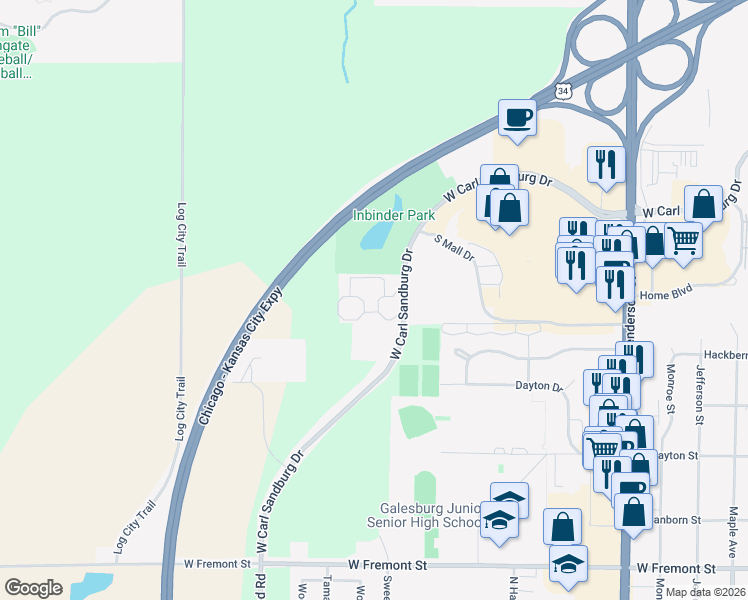 map of restaurants, bars, coffee shops, grocery stores, and more near 1351 West Carl Sandburg Drive in Galesburg