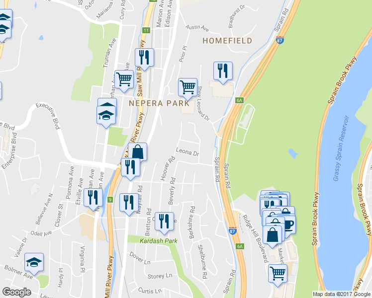 map of restaurants, bars, coffee shops, grocery stores, and more near 22 Leona Drive in Yonkers
