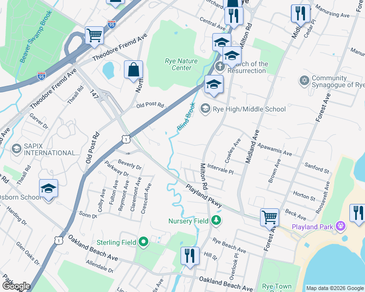 map of restaurants, bars, coffee shops, grocery stores, and more near 6 Pine Lane in Rye
