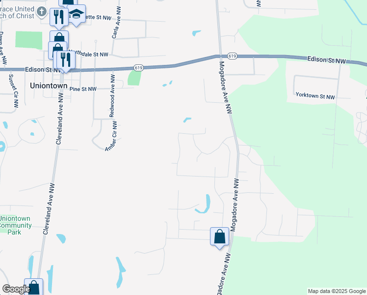 map of restaurants, bars, coffee shops, grocery stores, and more near 12614 Estate Avenue Northwest in Uniontown