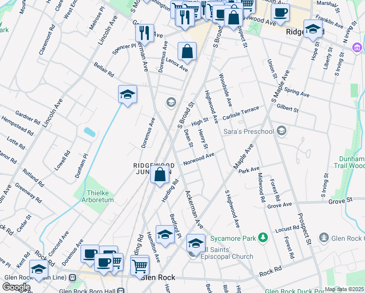 map of restaurants, bars, coffee shops, grocery stores, and more near 19 Elizabeth Street in Glen Rock