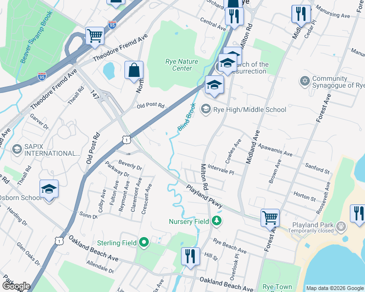 map of restaurants, bars, coffee shops, grocery stores, and more near 6 Pine Lane in Rye