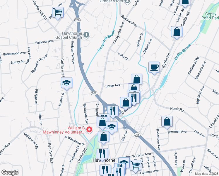 map of restaurants, bars, coffee shops, grocery stores, and more near 18 Braen Avenue in Hawthorne