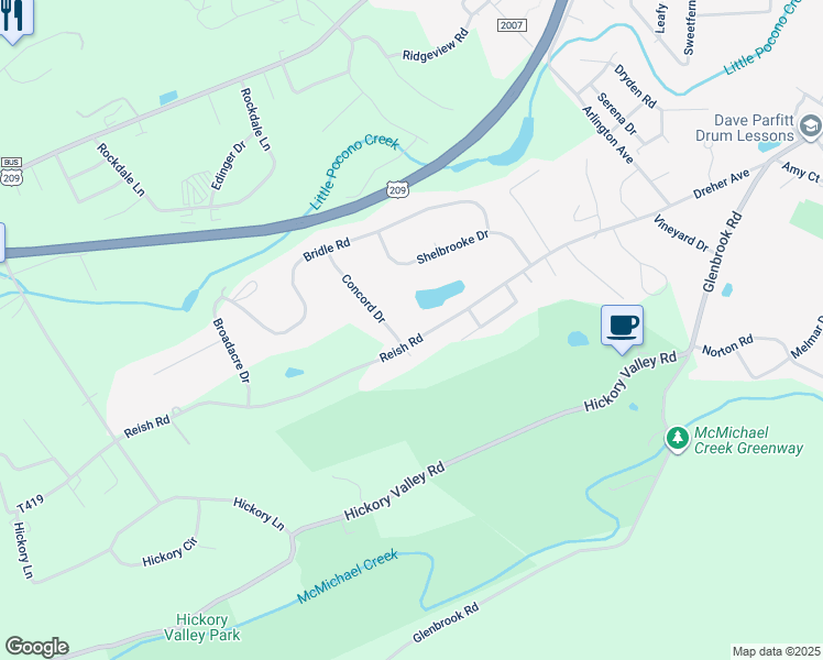map of restaurants, bars, coffee shops, grocery stores, and more near 5518 Concord Drive in Stroudsburg