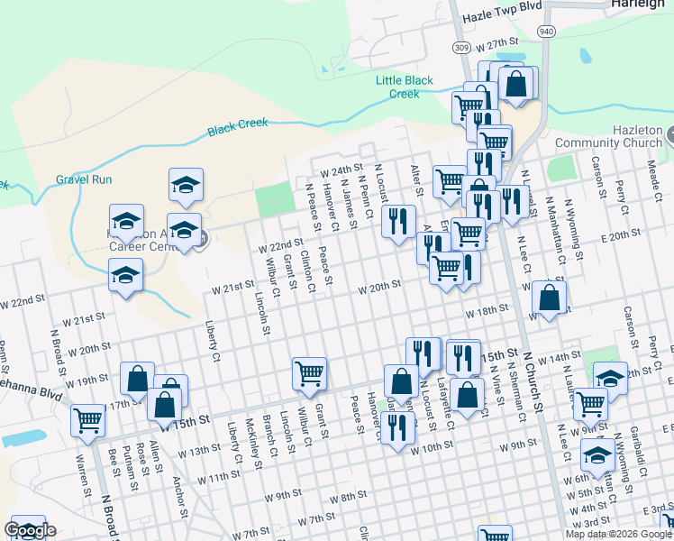 map of restaurants, bars, coffee shops, grocery stores, and more near 954-956 North James Street in Hazleton