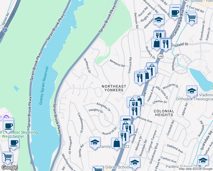 map of restaurants, bars, coffee shops, grocery stores, and more near 105 Amherst Drive in Yonkers