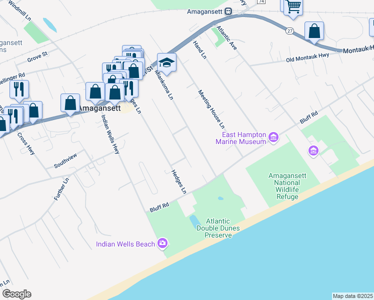 map of restaurants, bars, coffee shops, grocery stores, and more near 26 Gansett Lane in Amagansett