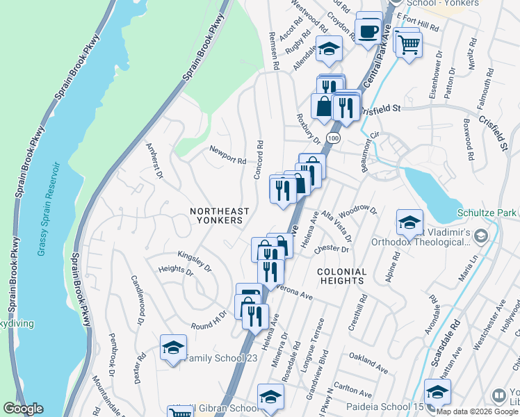 map of restaurants, bars, coffee shops, grocery stores, and more near 313 Concord Road in Yonkers