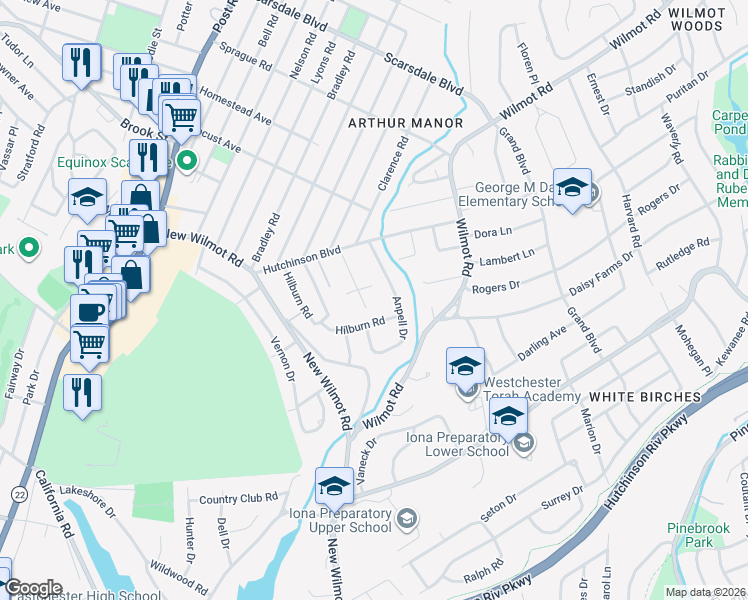 map of restaurants, bars, coffee shops, grocery stores, and more near 13 Elba Place in Scarsdale
