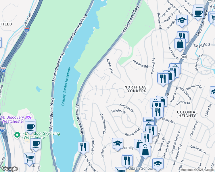 map of restaurants, bars, coffee shops, grocery stores, and more near 8 Scenic Lane in Yonkers