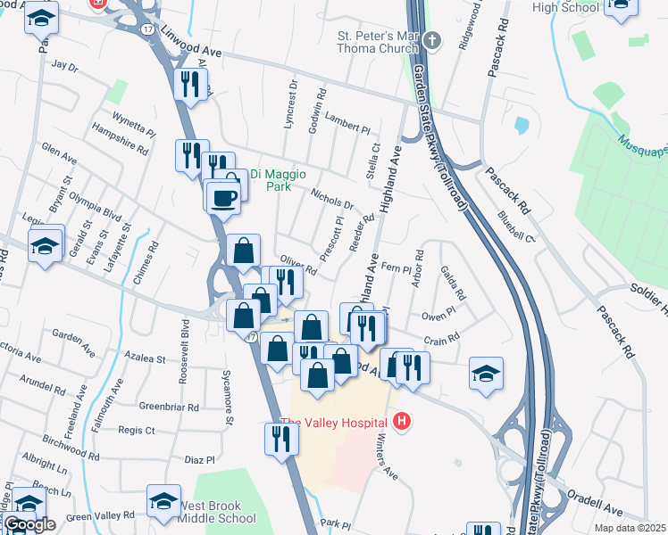 map of restaurants, bars, coffee shops, grocery stores, and more near 733 Reeder Road in Paramus