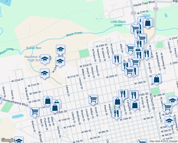 map of restaurants, bars, coffee shops, grocery stores, and more near 987 Grant Street in Hazleton