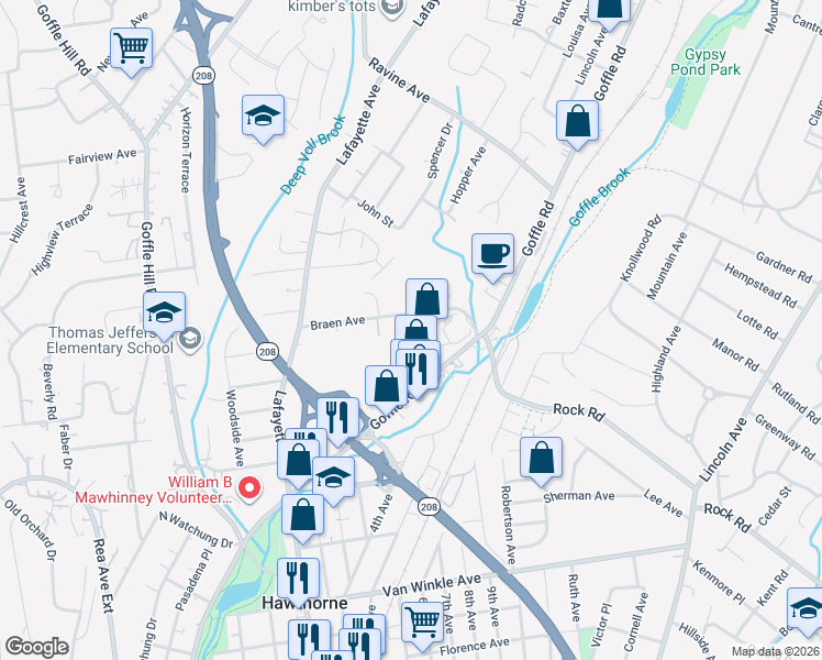 map of restaurants, bars, coffee shops, grocery stores, and more near 14 Valley Street in Hawthorne
