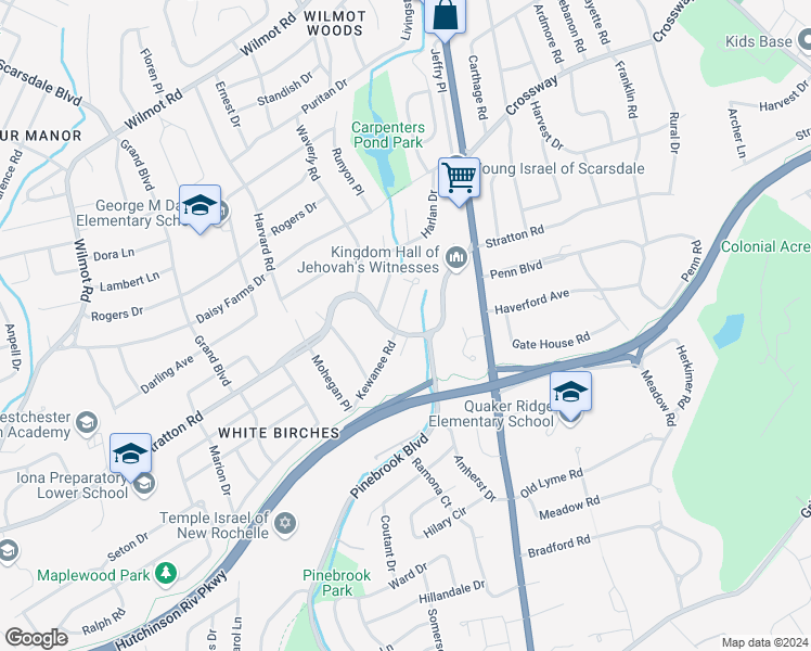 map of restaurants, bars, coffee shops, grocery stores, and more near 32 Kewanee Road in New Rochelle