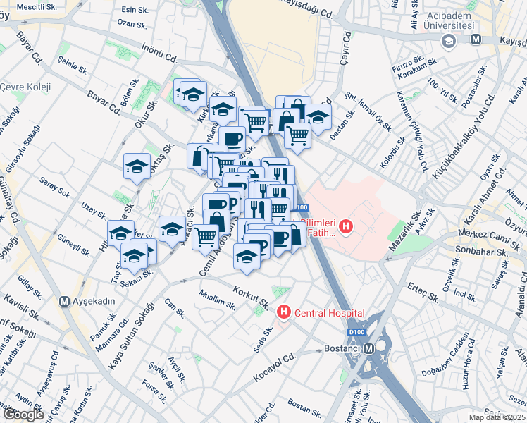 map of restaurants, bars, coffee shops, grocery stores, and more near 103 Bayar Caddesi in Istanbul