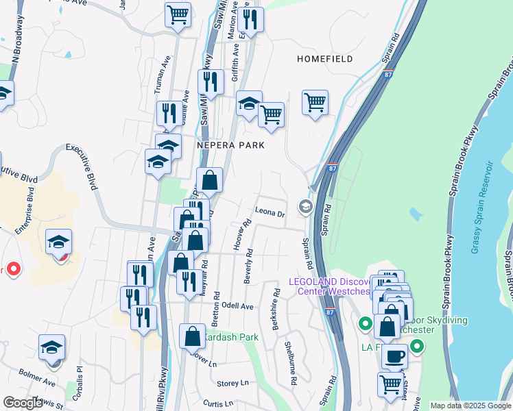 map of restaurants, bars, coffee shops, grocery stores, and more near 225 Hoover Road in Yonkers