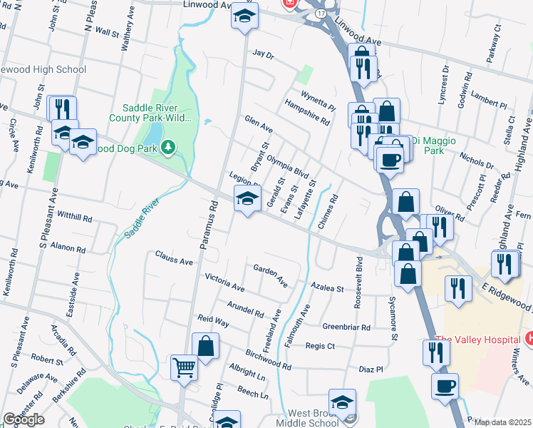 map of restaurants, bars, coffee shops, grocery stores, and more near 110 West Ridgewood Avenue in Paramus