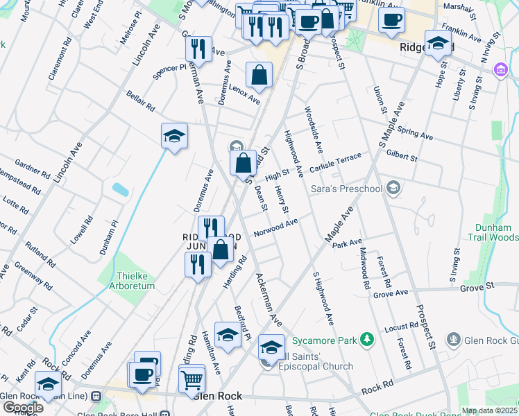 map of restaurants, bars, coffee shops, grocery stores, and more near 19 Elizabeth Street in Glen Rock
