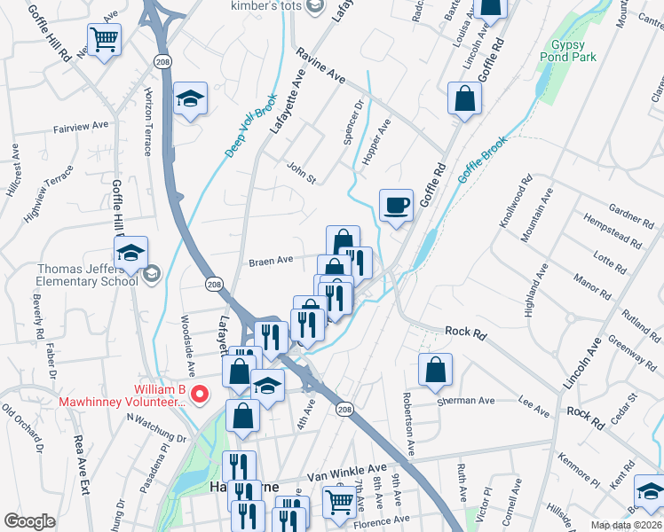 map of restaurants, bars, coffee shops, grocery stores, and more near 14 Valley Street in Hawthorne