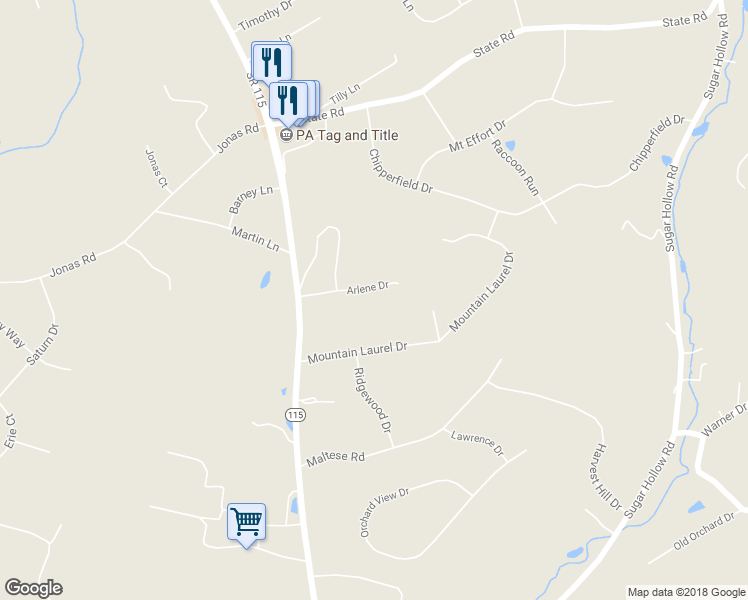 map of restaurants, bars, coffee shops, grocery stores, and more near 132 Arlene Drive in Effort
