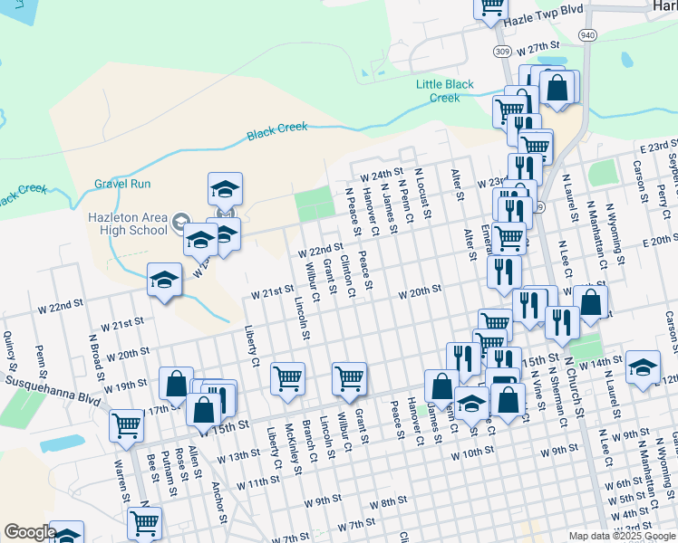 map of restaurants, bars, coffee shops, grocery stores, and more near 987 Grant Street in Hazleton