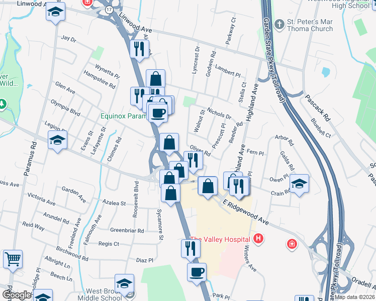 map of restaurants, bars, coffee shops, grocery stores, and more near 740 Stevens Court in Paramus