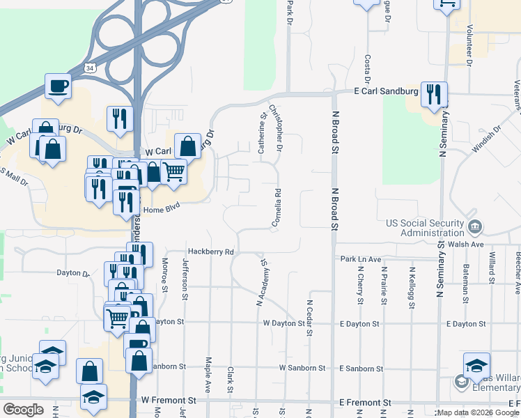 map of restaurants, bars, coffee shops, grocery stores, and more near 1947 Clark Court in Galesburg
