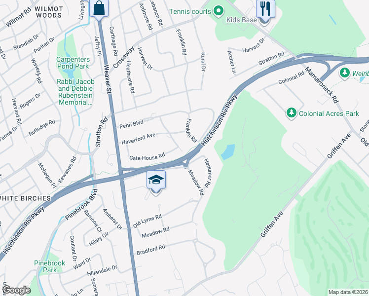 map of restaurants, bars, coffee shops, grocery stores, and more near 4 Swarthmore Road in Scarsdale