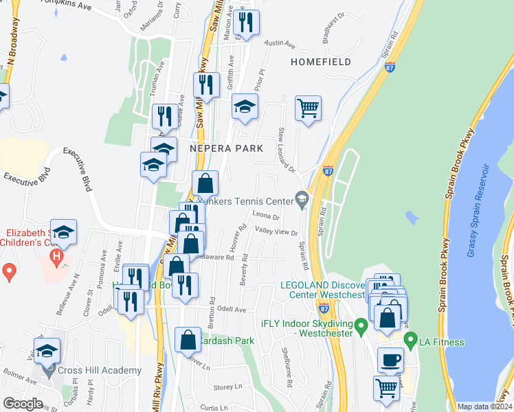 map of restaurants, bars, coffee shops, grocery stores, and more near 22 Leona Drive in Yonkers