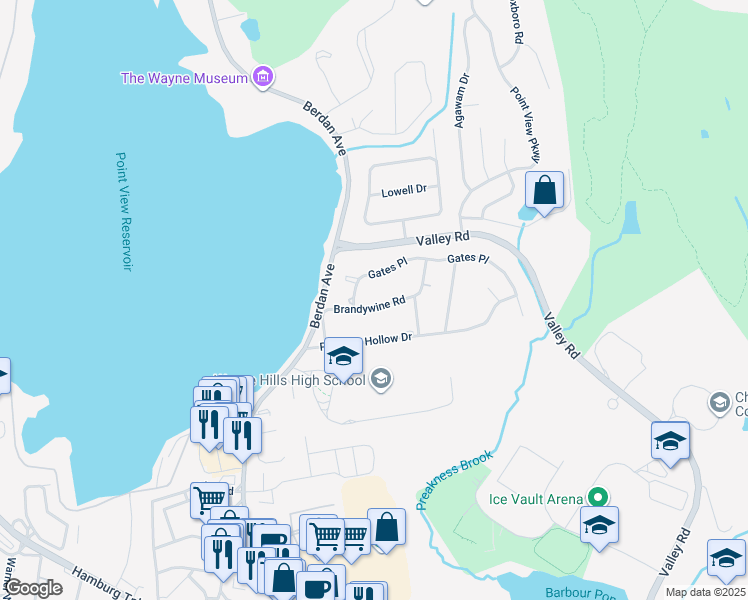 map of restaurants, bars, coffee shops, grocery stores, and more near 39 Brandywine Road in Wayne