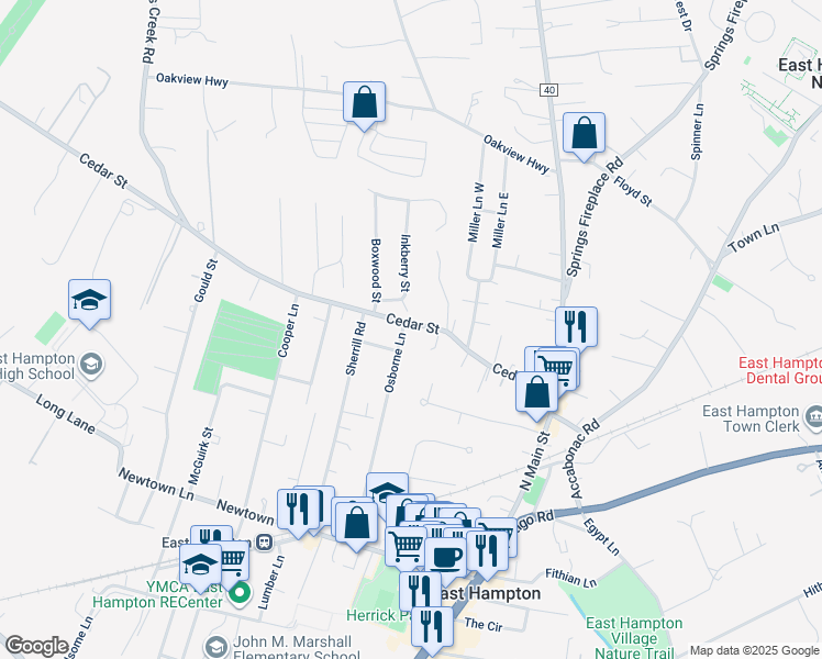 map of restaurants, bars, coffee shops, grocery stores, and more near 94 Osborne Lane in East Hampton