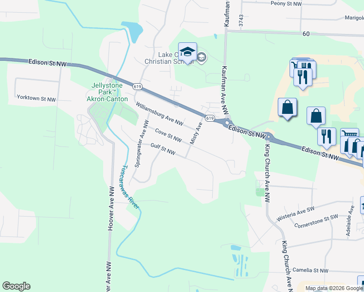 map of restaurants, bars, coffee shops, grocery stores, and more near 1672 Cove Street Northwest in Uniontown