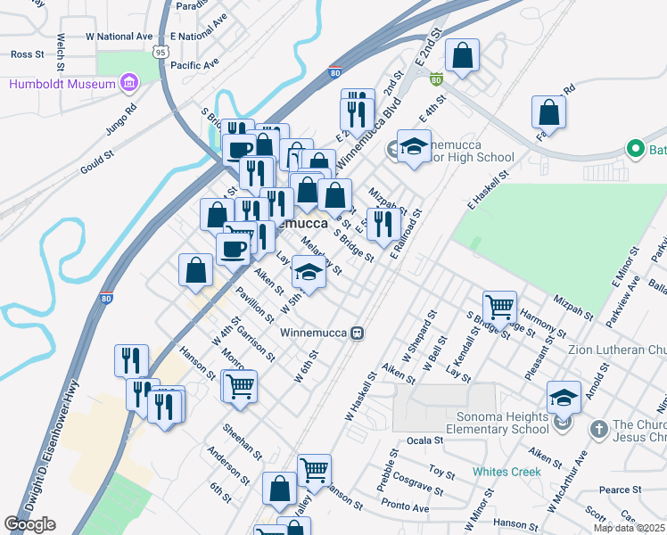 map of restaurants, bars, coffee shops, grocery stores, and more near 520 Melarkey Street in Winnemucca