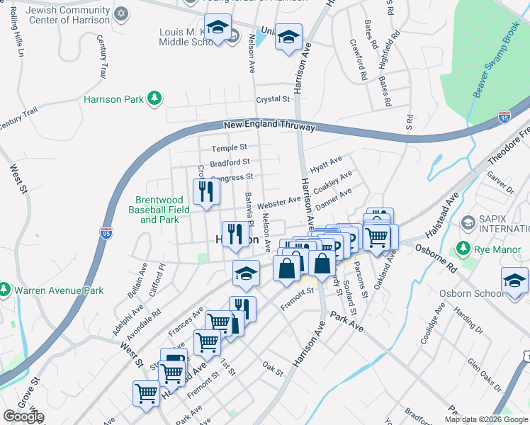 map of restaurants, bars, coffee shops, grocery stores, and more near 50 Nelson Avenue in Harrison