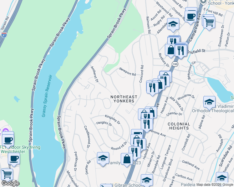 map of restaurants, bars, coffee shops, grocery stores, and more near 105 Amherst Drive in Yonkers