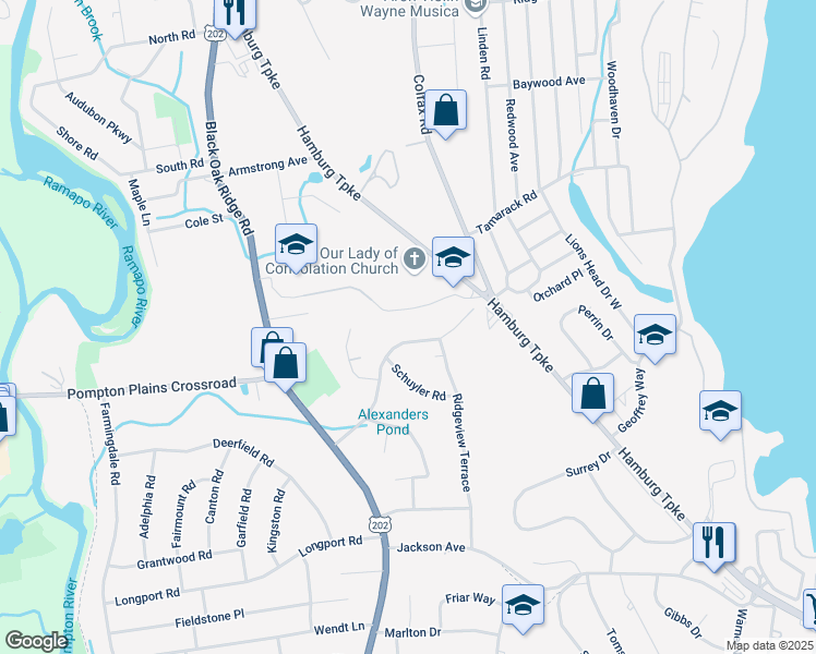 map of restaurants, bars, coffee shops, grocery stores, and more near 57 Sheffield Road in Wayne