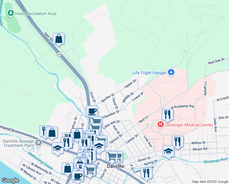map of restaurants, bars, coffee shops, grocery stores, and more near 523 Becker Street in Danville