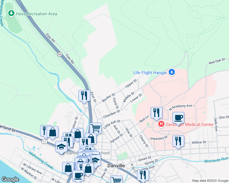 map of restaurants, bars, coffee shops, grocery stores, and more near 523 Becker Street in Danville