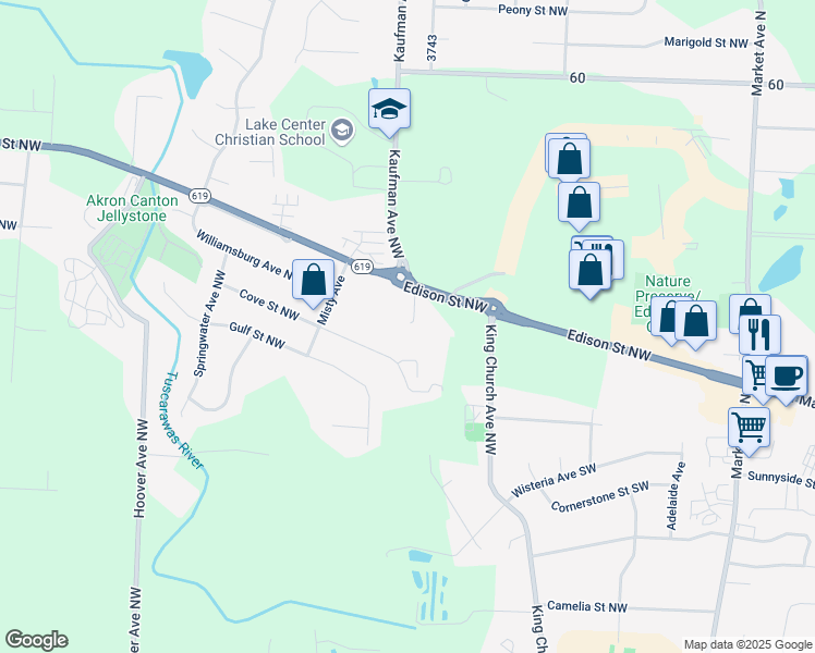 map of restaurants, bars, coffee shops, grocery stores, and more near 1446 Edison Street Northwest in Uniontown