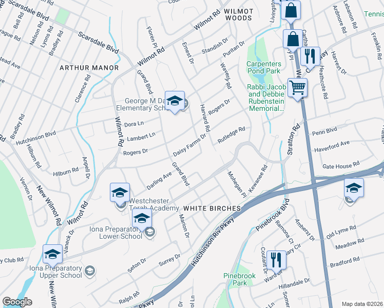 map of restaurants, bars, coffee shops, grocery stores, and more near 112 Darling Avenue in New Rochelle